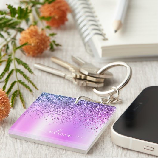 Paarse Glitter Sparkle Glam Metal Monogram Naam Sleutelhanger (Voorkant Rechts)