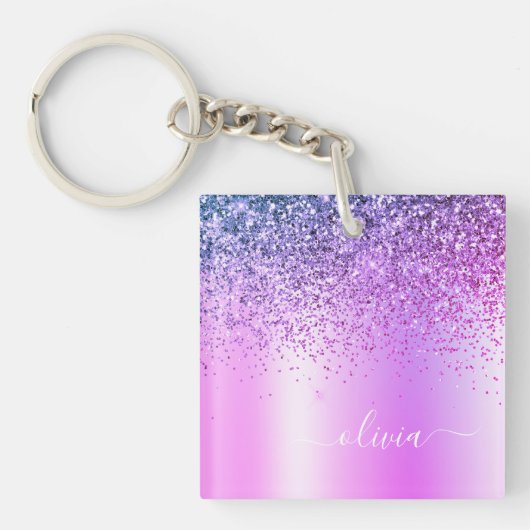 Paarse Glitter Sparkle Glam Metal Monogram Naam Sleutelhanger (voorkant)