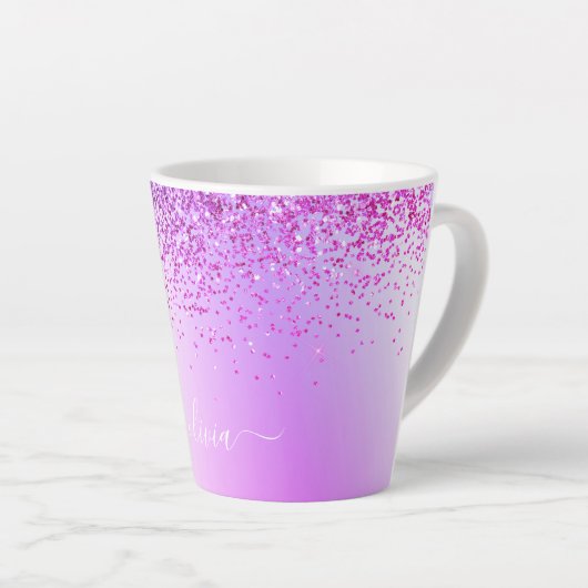 Paarse Glitter Sparkle Metal Monogram Naam Latte Mok (Rechterhoek)