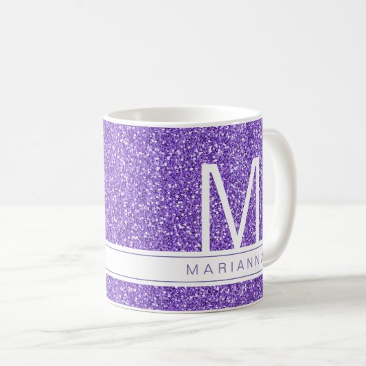 Paarse Glitter Sparkle Monogram Aangepaste Naam Koffiemok (Voorkant rechts)