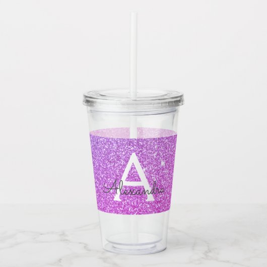 Paarse Glitter & Sparkle Monogram Verjaardag Acryl Drinkbeker (Voorkant)