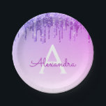 Paarse Glitter & Sparkle Monogram Verjaardag Papieren Bordje<br><div class="desc">Paarse Faux Dripping Glitter en Sparkle Elegant Birthday of Bachelorette Party Borden. Deze Borden voor bruiloft,  Vrijgezellenfeest of verjaardagsfeest kunnen worden aangepast om uw initiaal en voornaam op te nemen. Neem contact op met de ontwerper voor aangepaste overeenkomende items.</div>