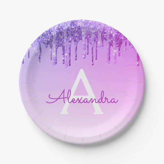 Paarse Glitter & Sparkle Monogram Verjaardag Papieren Bordje (Voorkant)
