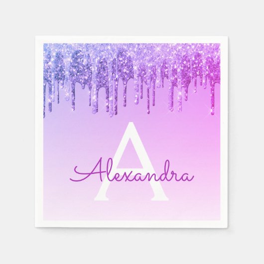 Paarse Glitter & Sparkle Monogram Verjaardag Servet (Voorkant)