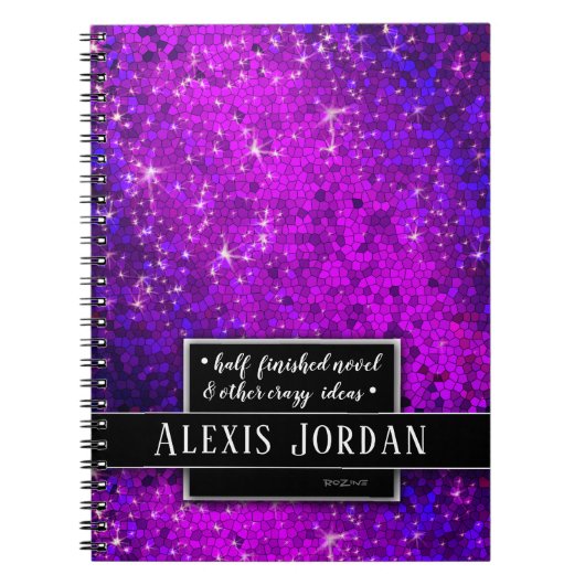 Paarse Glitter Sparkles Black White Monogram Glam Notitieboek (Voorkant)