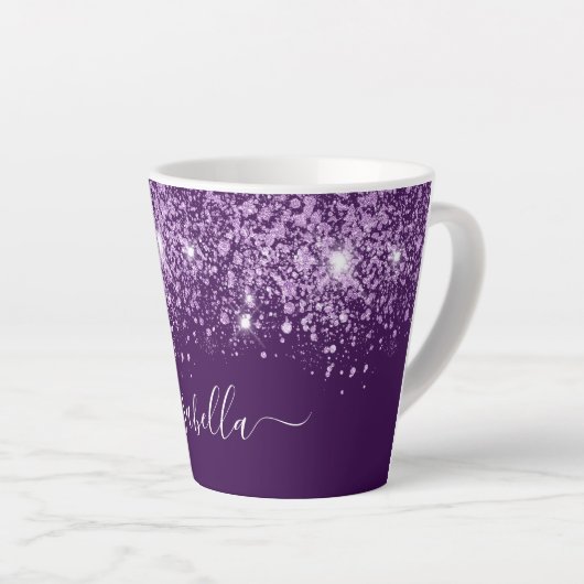 Paarse glitter sparkles name monogram script latte mok (Rechterhoek)