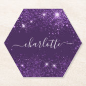 Paarse glitter sparkles name script party kartonnen onderzetters (Voorkant)