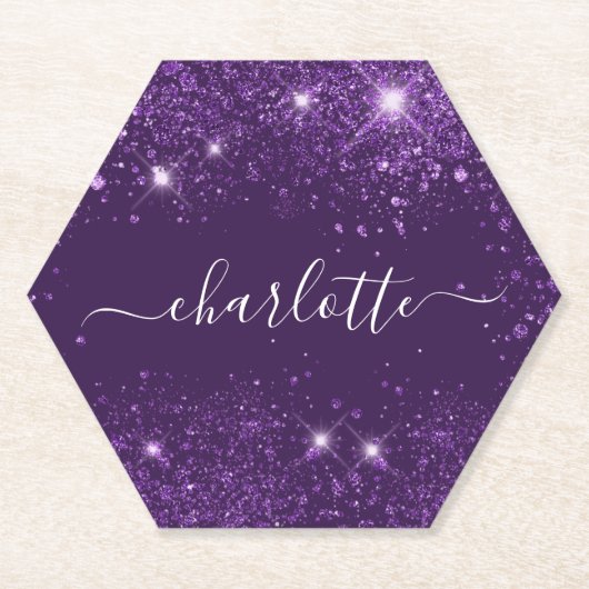 Paarse glitter sparkles name script party kartonnen onderzetters (Voorkant)