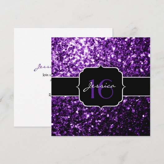 Paarse glitter sparkles Sweet 16 Square Invitation Kaart (Voorkant / Achterkant)