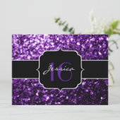 Paarse glitter sparkles Sweet 16 Uitnodiging (Staand voorkant)