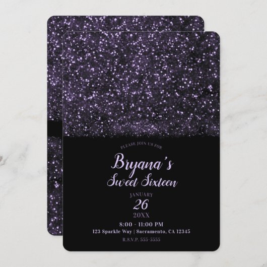 Paarse Glitter Sparkling Lights Sweet 16 Party Kaart (Voorkant / Achterkant)
