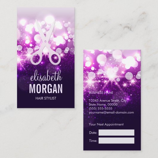 Paarse Glitter Sparkly Hair Stylist Afspraak Afsprakenkaartje (Voorkant / Achterkant)