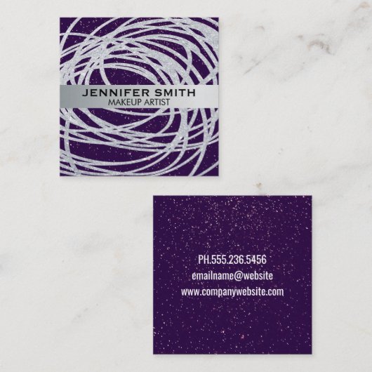 Paarse Glitter Speckles | Zilver Glitter Scribble Vierkante Visitekaartje (Voorkant / Achterkant)