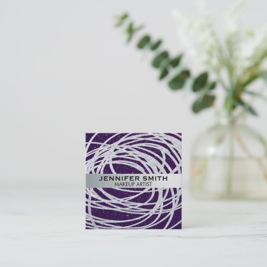 Paarse Glitter Spikkels | Zilveren Glitter Krabbel Vierkante Visitekaartje (Staand voorkant)