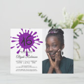 Paarse Glitter Splash Sweet 16 16th Birthday Party Kaart (Staand voorkant)