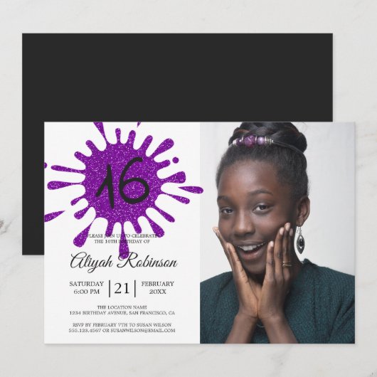 Paarse Glitter Splash Sweet 16 16th Birthday Party Kaart (Voorkant / Achterkant)