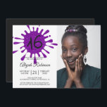 Paarse Glitter Splash Sweet 16 16th Birthday Party Kaart<br><div class="desc">Een moderne, lieve 16-jarige uitnodiging met een paarse glitter splash en het nummer 16 in de moderne typografie. Verstuur deze geweldige paarse glitter en de zwarte 16e verjaardagsfeestuitnodiging naar je familie en vrienden. Voeg gewoon je persoonlijke gegevens toe aan deze uitnodiging van de zestiende verjaardagsfeestdag. Neem contact met ons op...</div>