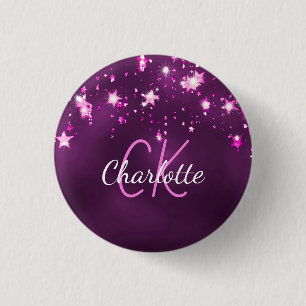 Paarse glitter sterren aangepast monogram roze ronde button 3,2 cm