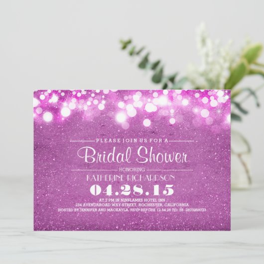 paarse glitter & string lichten vrijgezellenfeest kaart (Staand voorkant)
