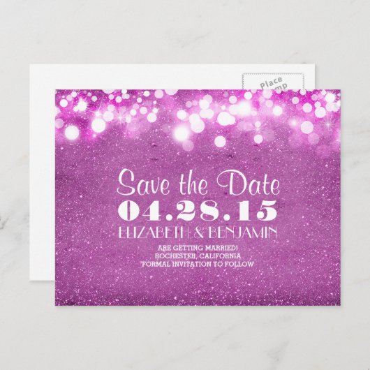paarse glitter string van lichten opslaan van de d aankondigingskaart (Voorkant / Achterkant)