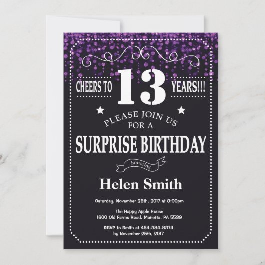 Paarse Glitter Surprise 13th Birthday Invitation Kaart (Voorkant)