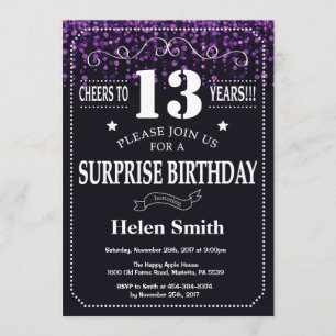 Paarse Glitter Surprise 13th Birthday Invitation Kaart