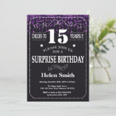 Paarse Glitter Surprise 15th Birthday Invitation Kaart (Staand voorkant)