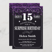 Paarse Glitter Surprise 15th Birthday Invitation Kaart (Voorkant / Achterkant)