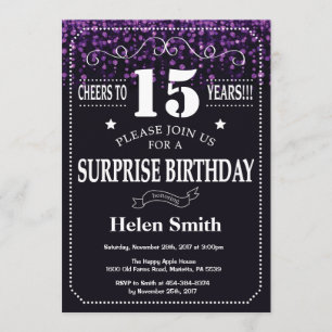 Paarse Glitter Surprise 15th Birthday Invitation Kaart