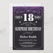 Paarse Glitter Surprise 18th Birthday Invitation Kaart (Voorkant)
