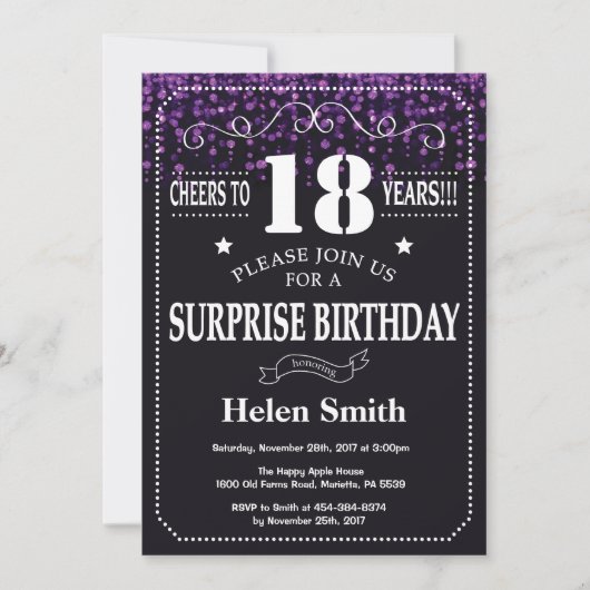 Paarse Glitter Surprise 18th Birthday Invitation Kaart (Voorkant)
