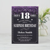 Paarse Glitter Surprise 18th Birthday Invitation Kaart (Staand voorkant)