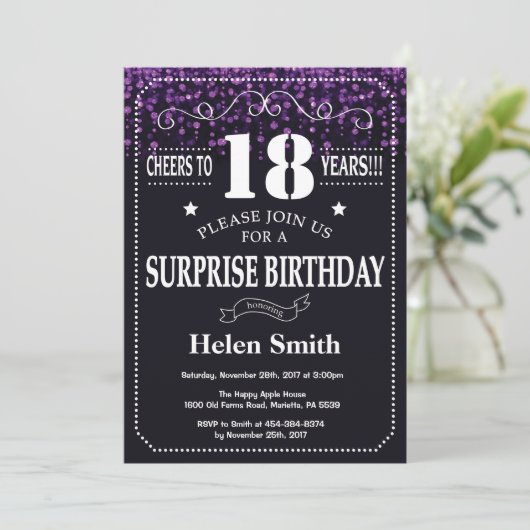 Paarse Glitter Surprise 18th Birthday Invitation Kaart (Staand voorkant)