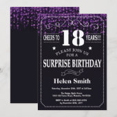 Paarse Glitter Surprise 18th Birthday Invitation Kaart (Voorkant / Achterkant)