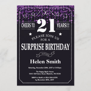 Paarse Glitter Surprise 21st Birthday Invitation Kaart