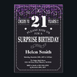 Paarse Glitter Surprise 21ste Verjaardagsuitnodigi Kaart<br><div class="desc">Paarse Glitter Surprise 21e verjaardag. Witte typografie. Zwart-wit schoolbord achtergrond. Verjaardag voor volwassenen. Verjaardag van Mannen of vrouwen. Kinder jongen of meisje dame tiener Bday Nodig uit. 13e 15e 16e 18e 20e 21e 30e 40e 50e 60e 70e 80e 90e 100e. Elke leeftijd. Voor verdere aanpassing klikt u op de knop...</div>