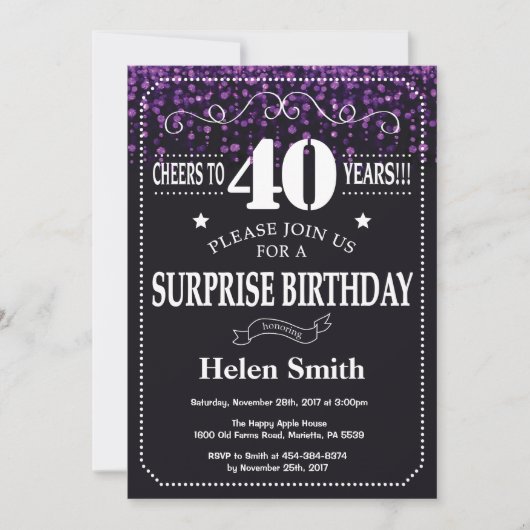 Paarse Glitter Surprise 40th Birthday Invitation Kaart (Voorkant)