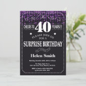 Paarse Glitter Surprise 40th Birthday Invitation Kaart (Staand voorkant)