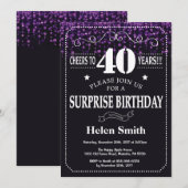 Paarse Glitter Surprise 40th Birthday Invitation Kaart (Voorkant / Achterkant)