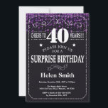 Paarse Glitter Surprise 40th Birthday Invitation Kaart<br><div class="desc">Paarse Glitter Surprise 40th Birthday Invitation. Witte Typografie. Achtergrond zwart-wit karton. Volwassen verjaardag. Mannelijke Mannen of vrouwen: Birthday. Kinder jongen of meisje Lady Teen Teenage Bday Invite. 13e 15e 16e 18e 21e 30e 40e 50e 60e 70e 80e 90e 100e. Elke leeftijd. Voor verdere aanpassing, te klikken gelieve de knoop "van...</div>