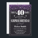 Paarse Glitter Surprise 40th Birthday Invitation Kaart<br><div class="desc">Paarse Glitter Surprise 40th Birthday Invitation. Witte Typografie. Achtergrond zwart-wit karton. Volwassen verjaardag. Mannelijke Mannen of vrouwen: Birthday. Kinder jongen of meisje Lady Teen Teenage Bday Invite. 13e 15e 16e 18e 21e 30e 40e 50e 60e 70e 80e 90e 100e. Elke leeftijd. Voor verdere aanpassing, te klikken gelieve de knoop "van...</div>
