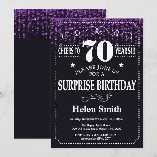 Paarse Glitter Surprise 70e verjaardag Kaart (Voorkant / Achterkant)