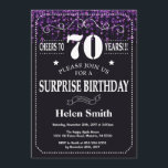 Paarse Glitter Surprise 70e verjaardag Kaart<br><div class="desc">Paarse Glitter Surprise 70e verjaardag. Witte typografie. Zwart-wit schoolbord achtergrond. Verjaardag voor volwassenen. Verjaardag van Mannen of vrouwen. Kinder jongen of meisje dame tiener Bday Nodig uit. 13e 15e 16e 18e 20e 21e 30e 40e 50e 60e 70e 80e 90e 100e. Elke leeftijd. Voor verdere aanpassing klikt u op de knop...</div>