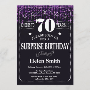 Paarse Glitter Surprise 70th Birthday Invitation Kaart