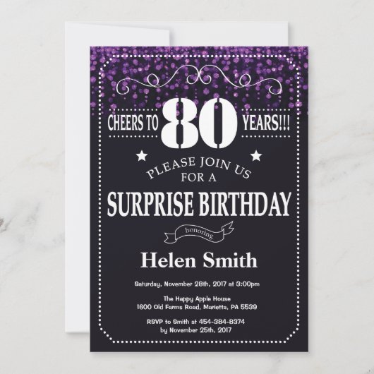 Paarse Glitter Surprise 80th Birthday Invitation Kaart (Voorkant)