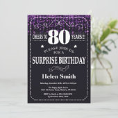 Paarse Glitter Surprise 80th Birthday Invitation Kaart (Staand voorkant)
