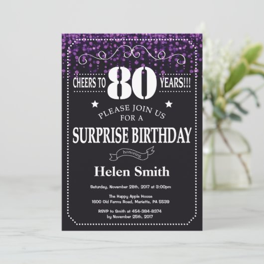Paarse Glitter Surprise 80th Birthday Invitation Kaart (Staand voorkant)