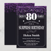Paarse Glitter Surprise 80th Birthday Invitation Kaart (Voorkant / Achterkant)
