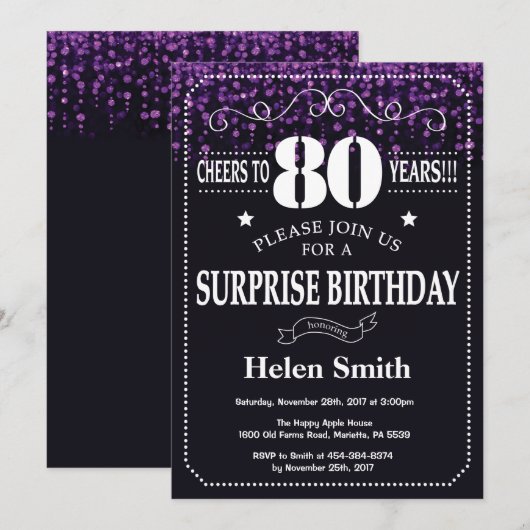 Paarse Glitter Surprise 80th Birthday Invitation Kaart (Voorkant / Achterkant)