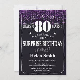 Paarse Glitter Surprise 80th Birthday Invitation Kaart